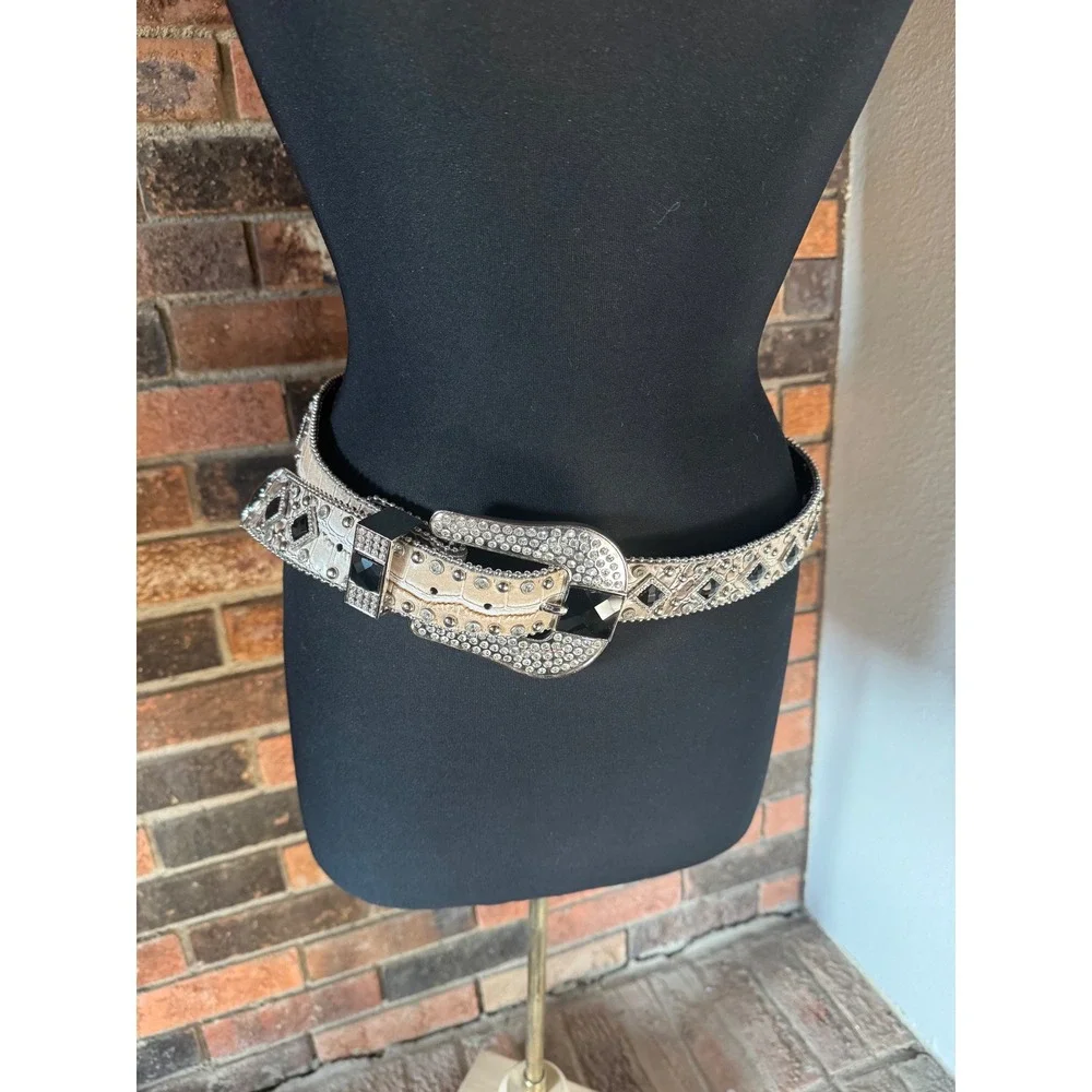 Nocona Womens Western Belt Rhinestone Black Studded Faux Croc Cream N3419008 XL‎
